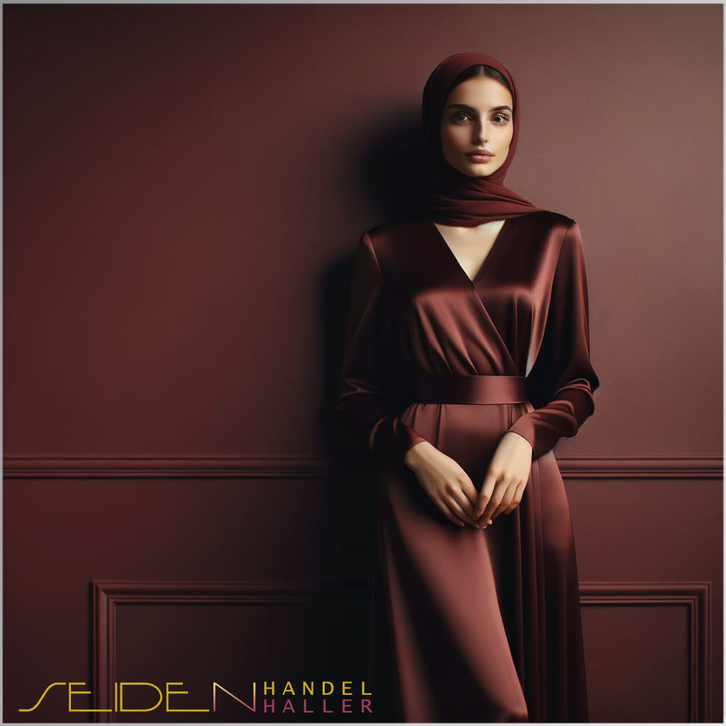 Eine Frau in einem Kleid aus Seidensatin in der Farbe Burgunder