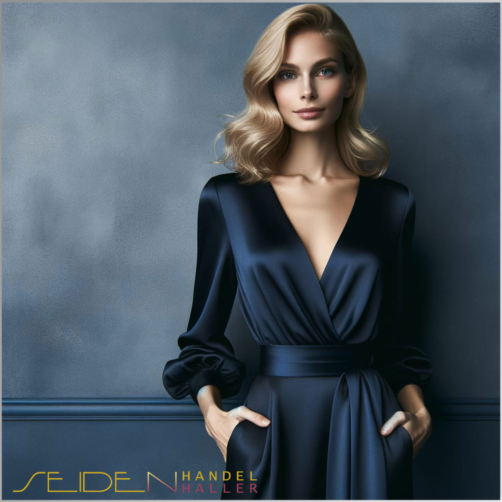 Eine Frau in einem dunkelblauen Kleid aus Seidensatin.