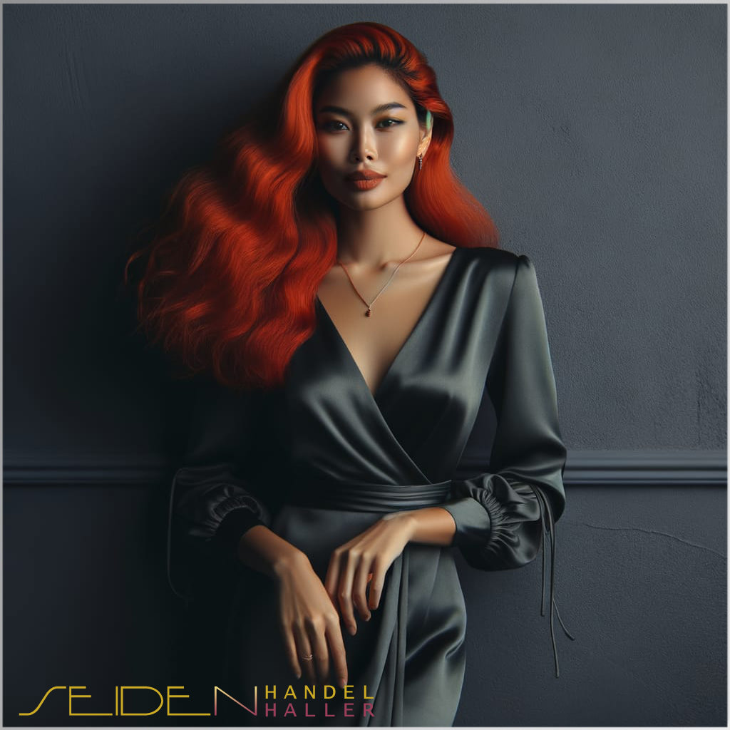 Eine Frau in einem Kleid aus Seidensatin in der Farbe Dunkelgrau