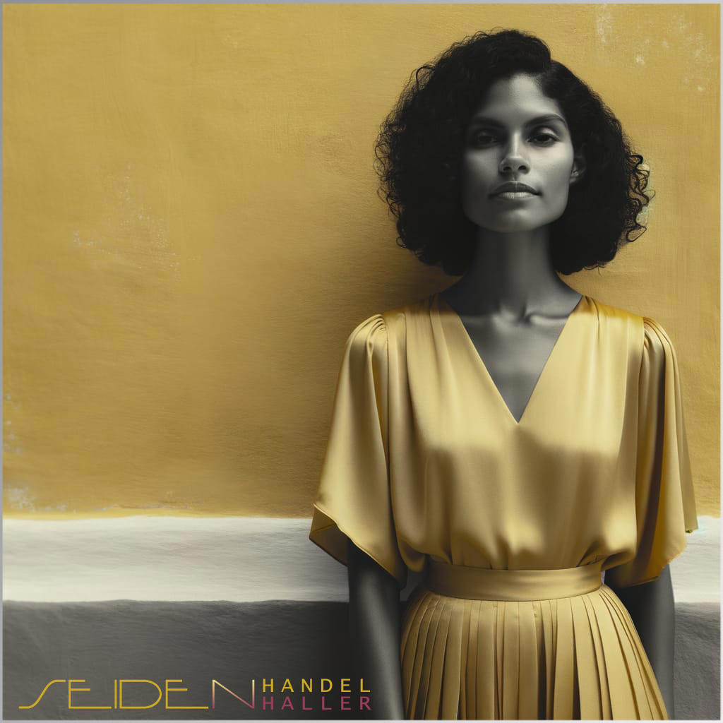 Eine Frau in einem Kleid aus Seidensatin in der Farbe Gelb