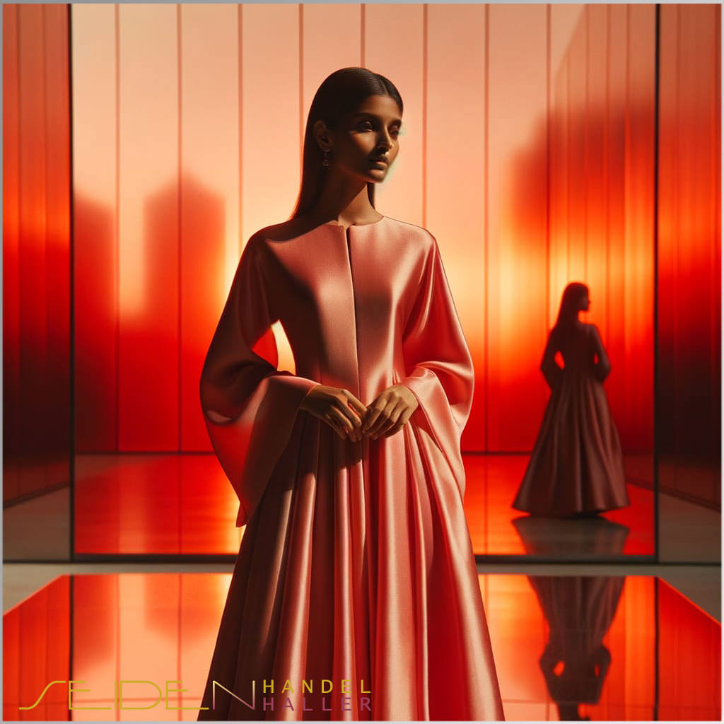 Eine Frau in einem Kleid aus Seidensatin in der Farbe Orange