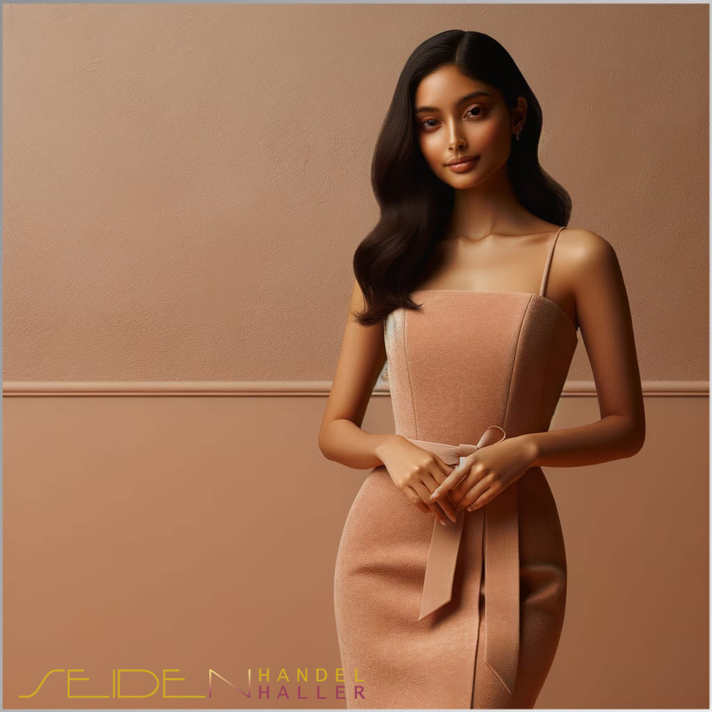 Eine Frau in einem Kleid aus Seidensatin in der Farbe Peach Fuzz