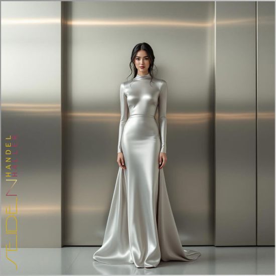 Eine Frau in einem Kleid aus Seidensatin in der Farbe Silbergrau