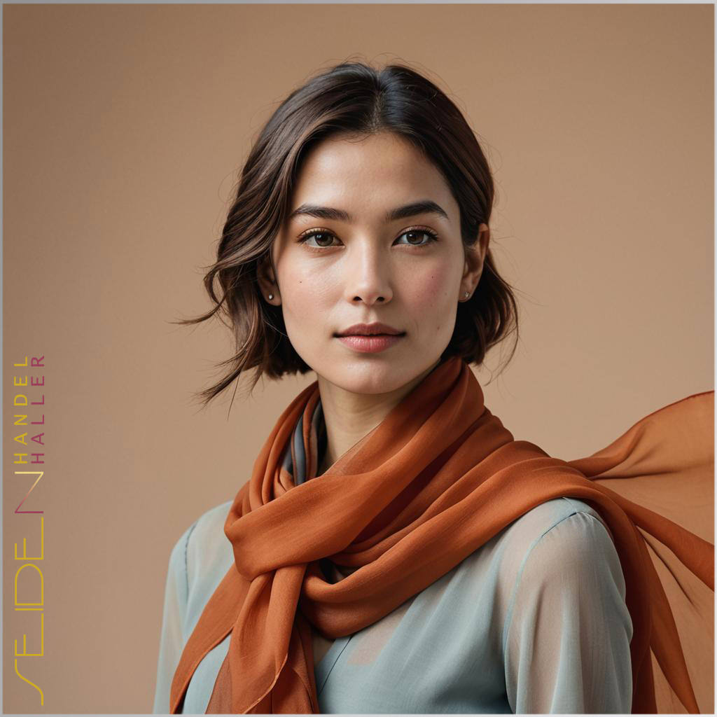 Eine Frau, die einen erdfarbenen, braunen Chiffonschal trägt