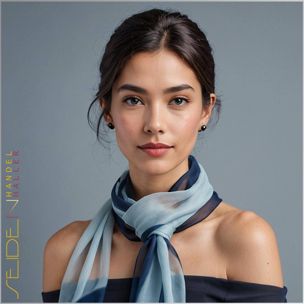 Eine Frau, die einen blauen Chiffon Seidenschal trägt