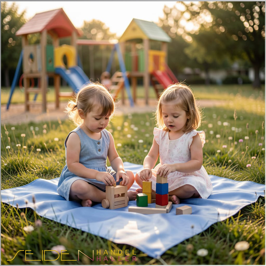 Spielseide in Himmelblau mit 2 spielenden Kindern